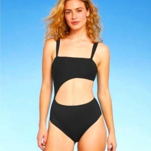 Ribbed black cut out one piece swimsuit